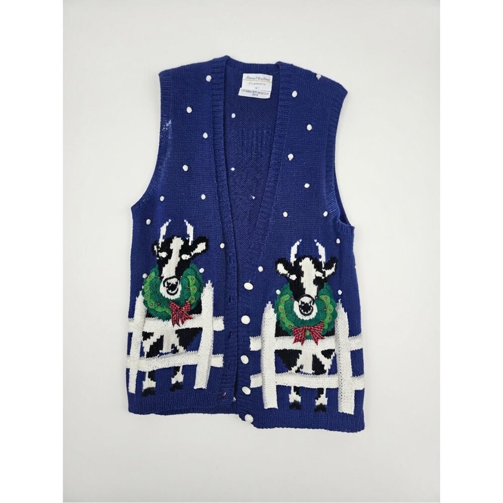 Vintage 90s Marisa Christina L Blue Holstein Cow Christmas Sweater Vest Kitsch